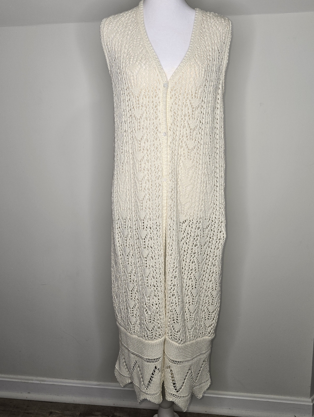 Sage The Label Crochet Duster Cardigan Maxi Boho Festival Open Knit Ivory M